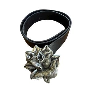 Vintage Rock Rebel Rose Silver Western Goth Buckle Black Leather Belt SZ 38